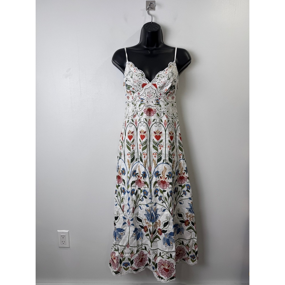 Farm Rio Stitched Garden Midi Dress Lace Floral Vacation Tropical Size XS